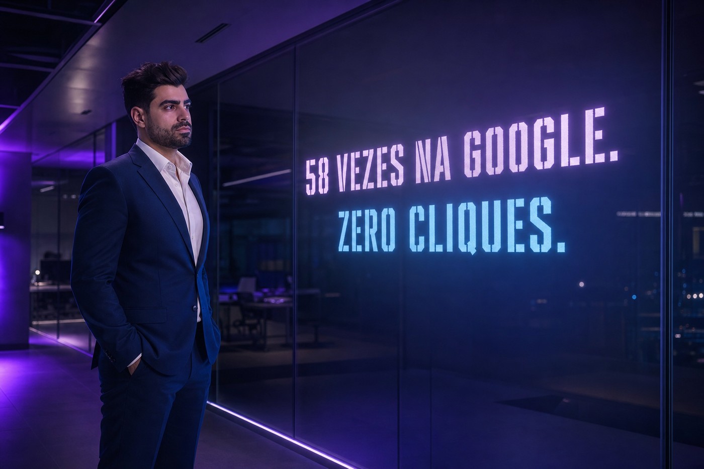 Parede de vidro com a frase 58 vezes na Google e zero cliques, sobre marketing de conteúdo que aparece mas não é lido