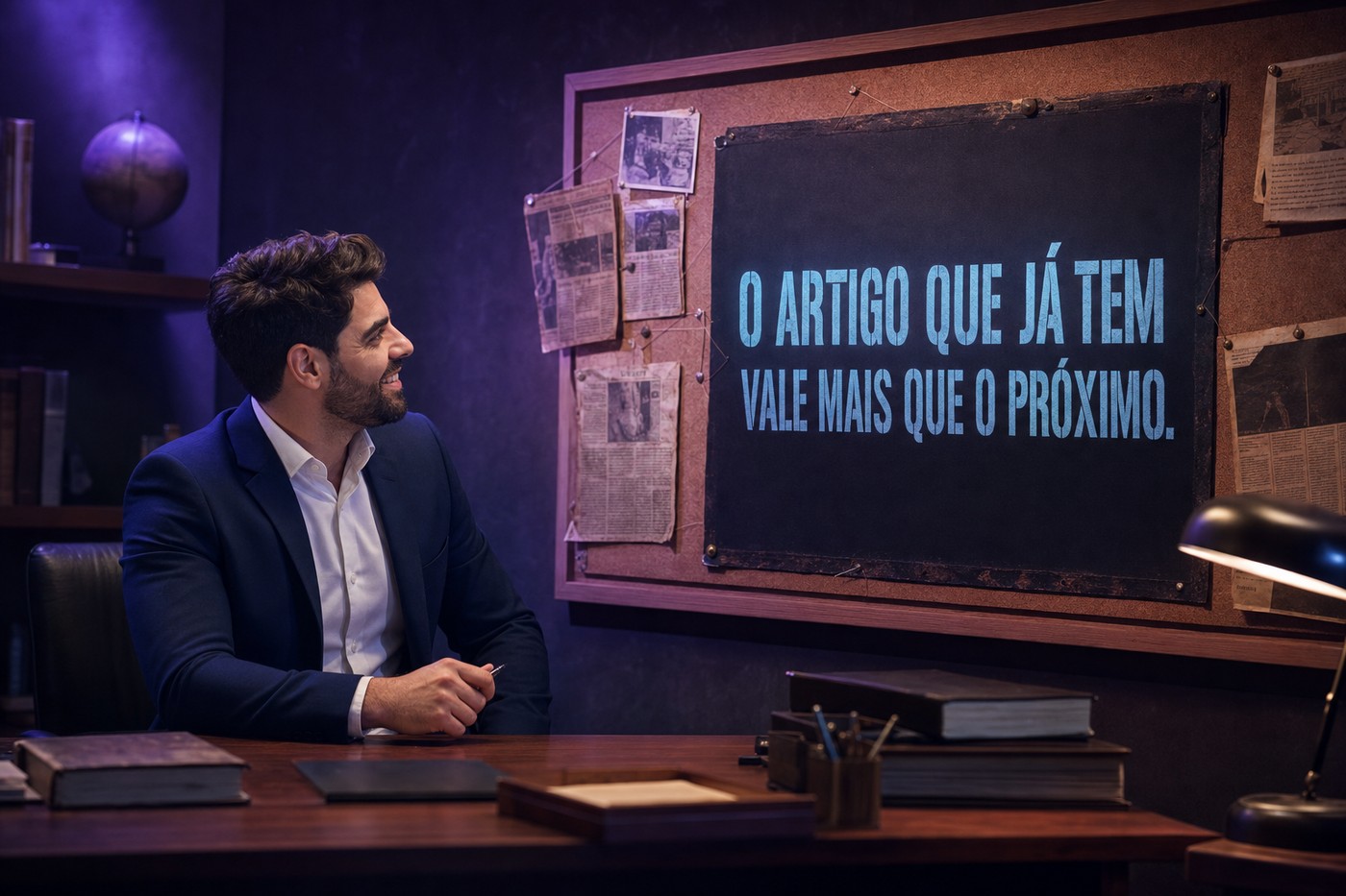 Placard com a frase o artigo que já tem vale mais que o próximo