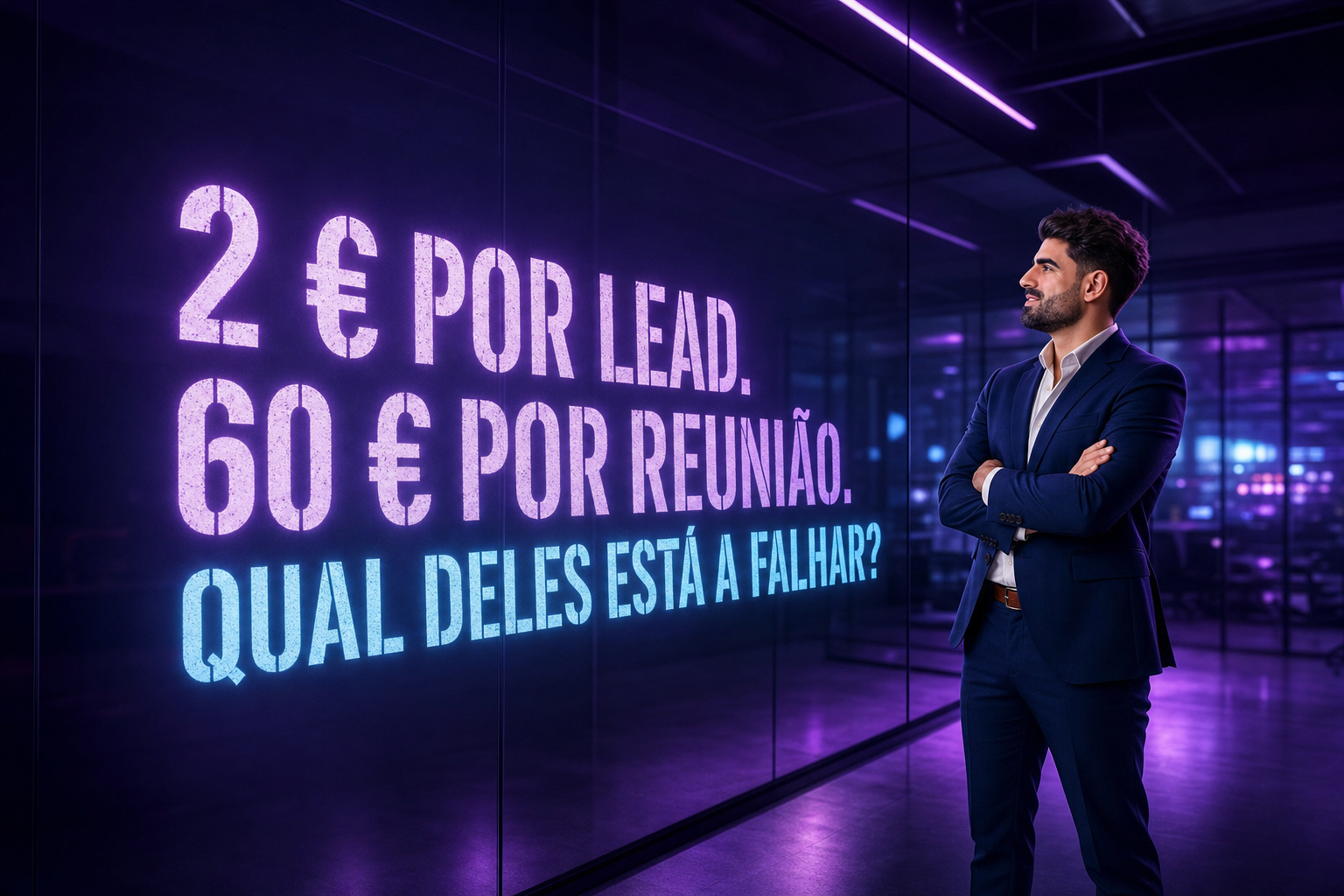 Custo por lead e por reunião nos funis da Vloom projetado numa parede