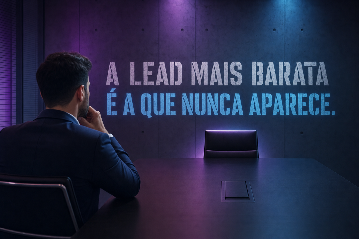 Custo de aquisição de leads: sala de reuniões escura com uma cadeira vazia do outro lado da mesa